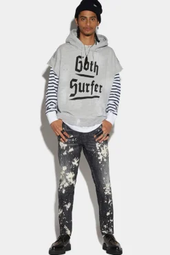 Black Bleached Studs Wash Relax Long Crotch Jeans