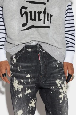 Black Bleached Studs Wash Relax Long Crotch Jeans