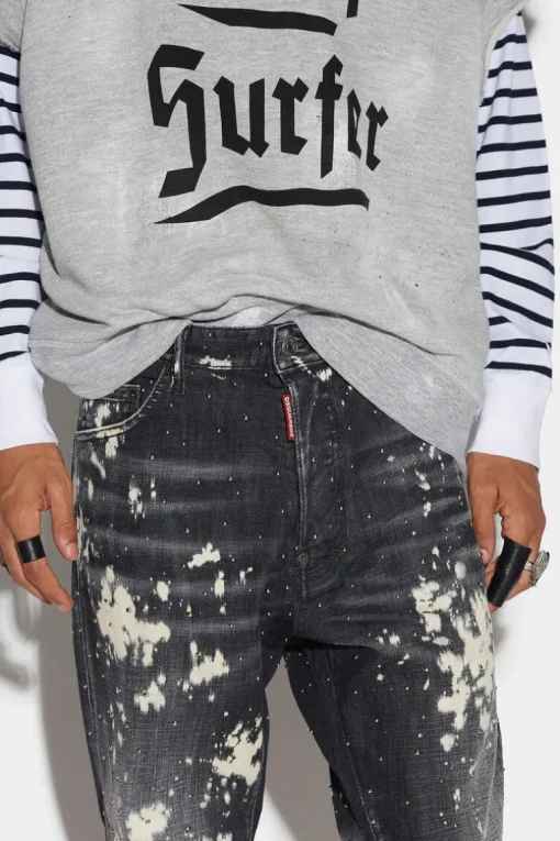 Black Bleached Studs Wash Relax Long Crotch Jeans