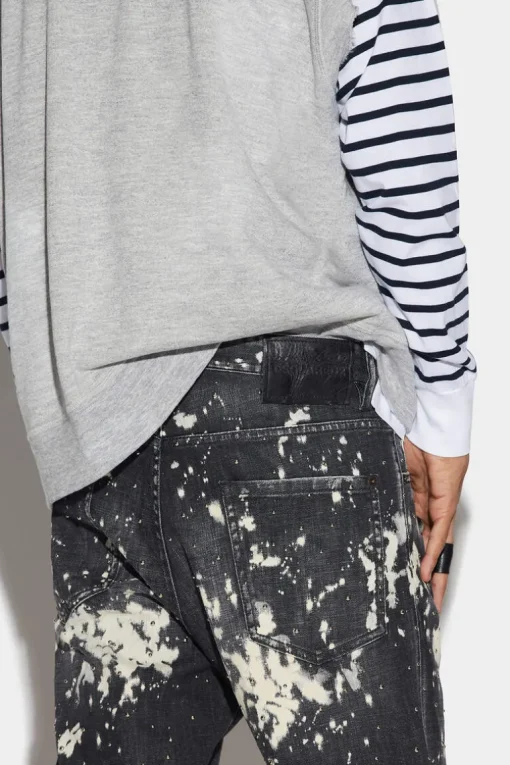 Black Bleached Studs Wash Relax Long Crotch Jeans