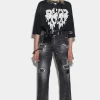 Black Ripped Leather Patch Wash Boston Jeans
