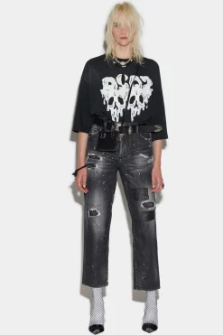 Black Ripped Leather Patch Wash Boston Jeans