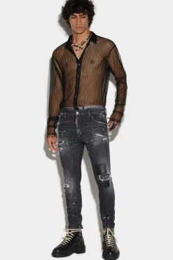 Black Ripped Leather Wash Skater Jeans