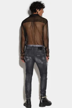 Black Ripped Leather Wash Skater Jeans