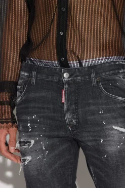 Black Ripped Leather Wash Skater Jeans