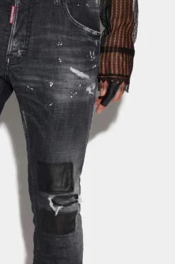 Black Ripped Leather Wash Skater Jeans