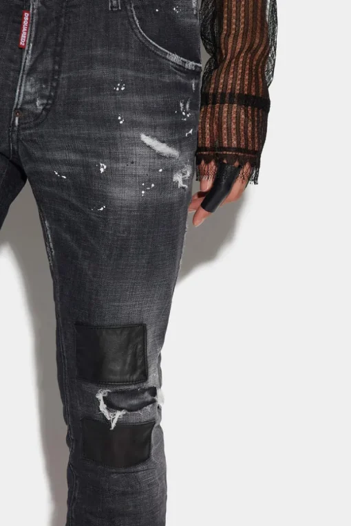 Black Ripped Leather Wash Skater Jeans