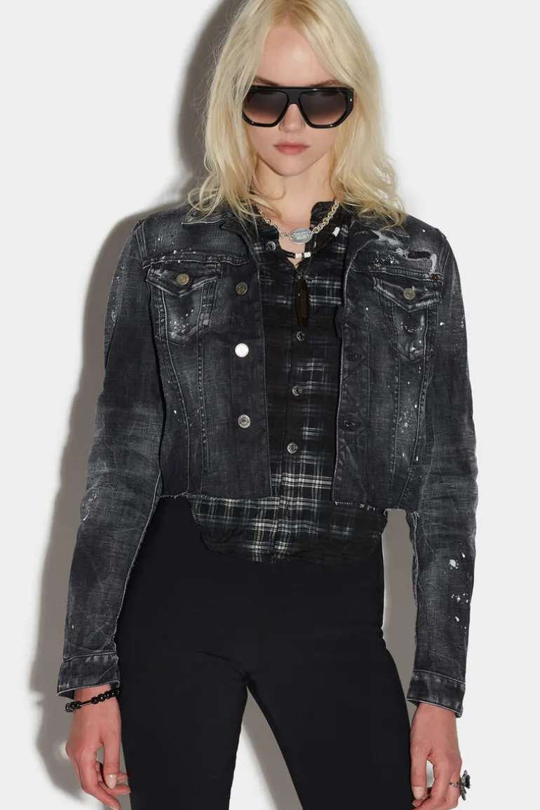 Black Ripped Wash Mix Check Jean Jacket