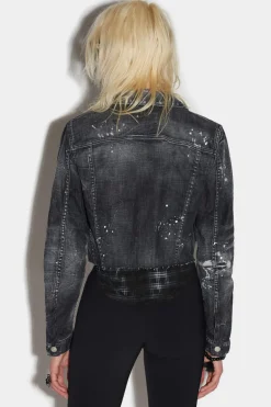Black Ripped Wash Mix Check Jean Jacket
