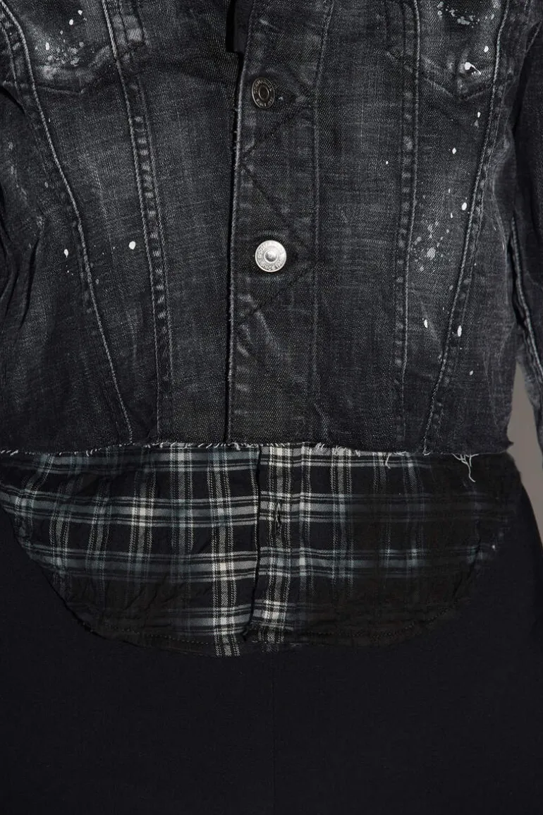 Black Ripped Wash Mix Check Jean Jacket