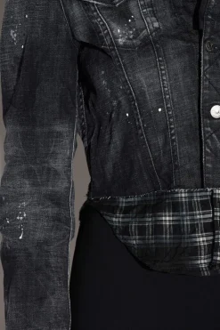Black Ripped Wash Mix Check Jean Jacket