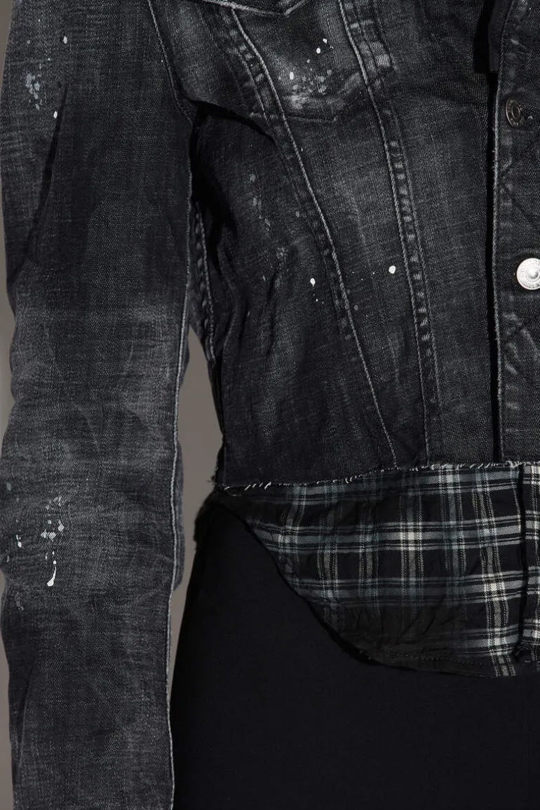 Black Ripped Wash Mix Check Jean Jacket