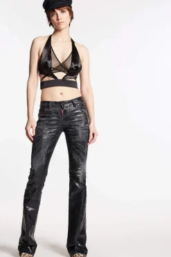 Black Shiny Coated Wash Medium Waist Flare Jeans