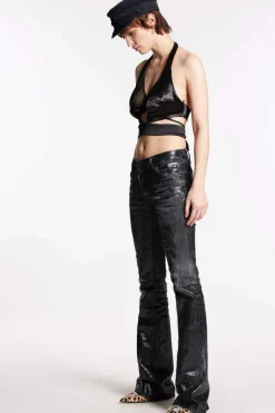 Black Shiny Coated Wash Medium Waist Flare Jeans