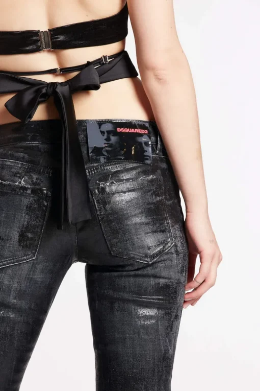 Black Shiny Coated Wash Medium Waist Flare Jeans