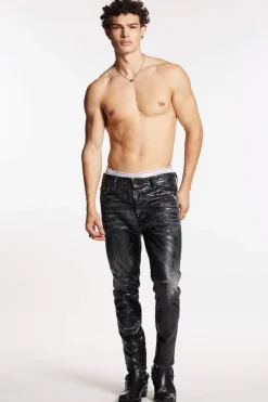Black Shiny Coated Wash Relax Long Crotch Jeans
