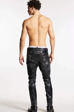 Black Shiny Coated Wash Relax Long Crotch Jeans