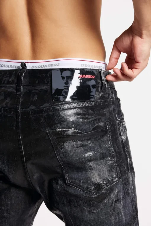 Black Shiny Coated Wash Relax Long Crotch Jeans