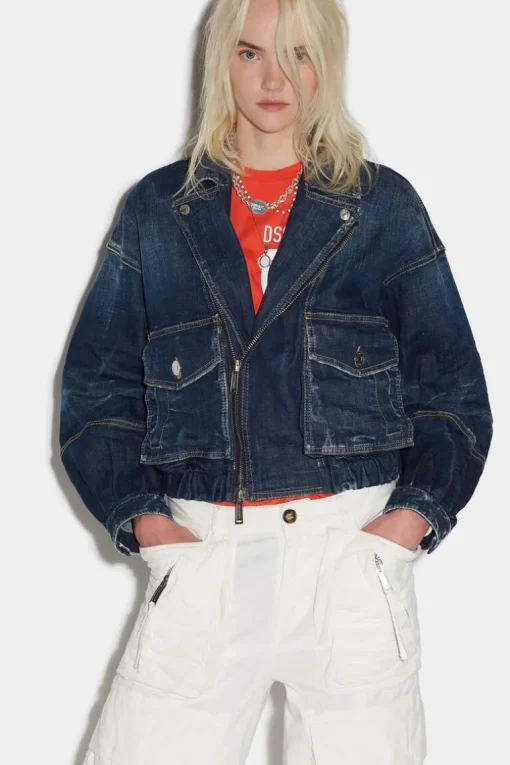 Dark Clean Wash Crop Biker Jacket