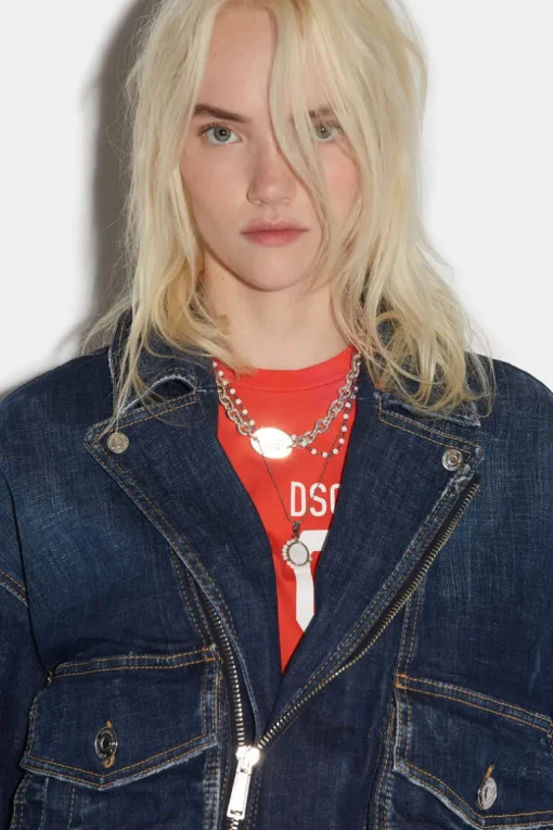 Dark Clean Wash Crop Biker Jacket