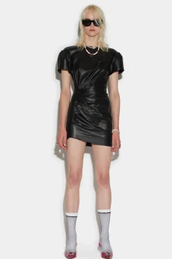 Leather Shortsleeves Mini Dress